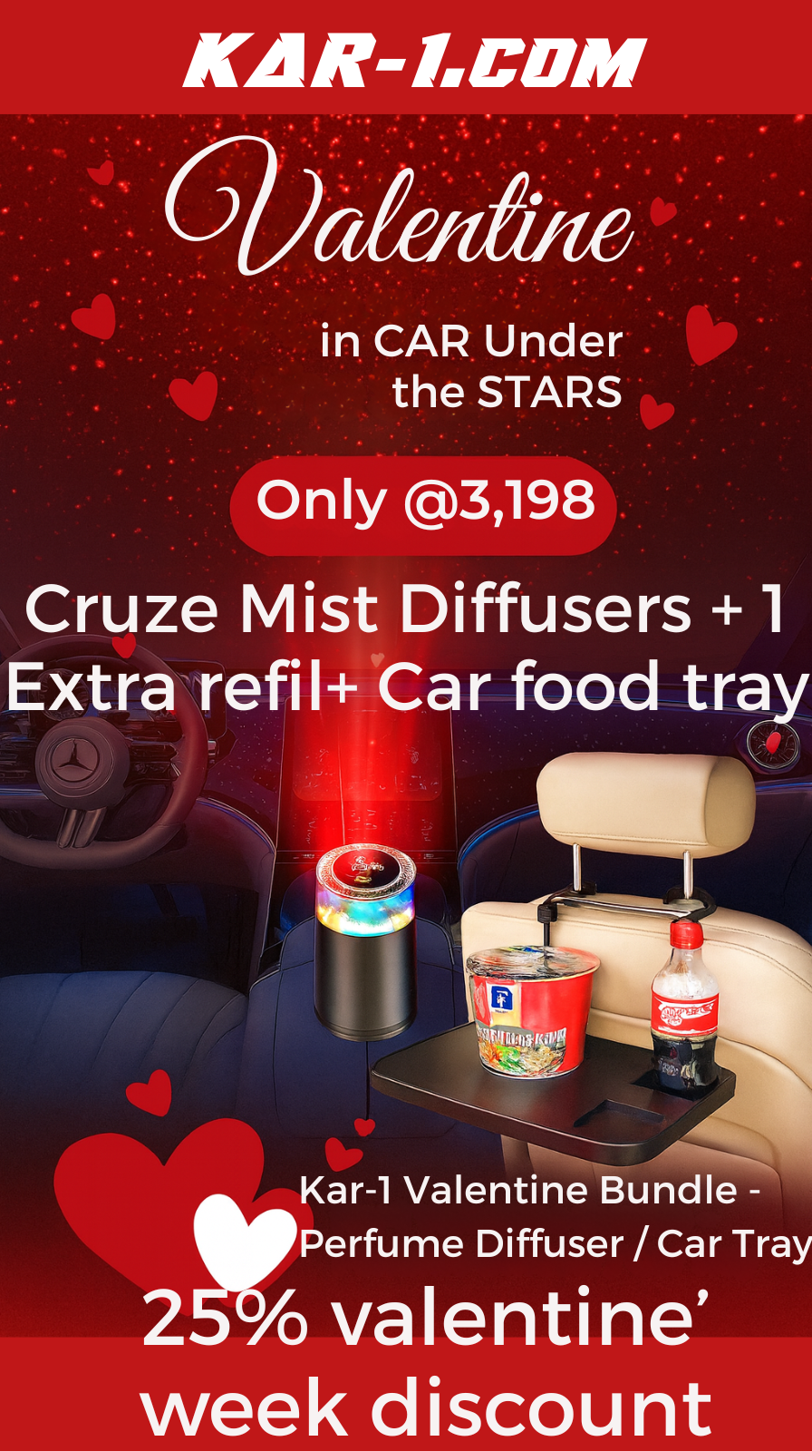 Valentine Cruze Mist Diffuser Bundle - Diffuser, Refill & Car Food Tray