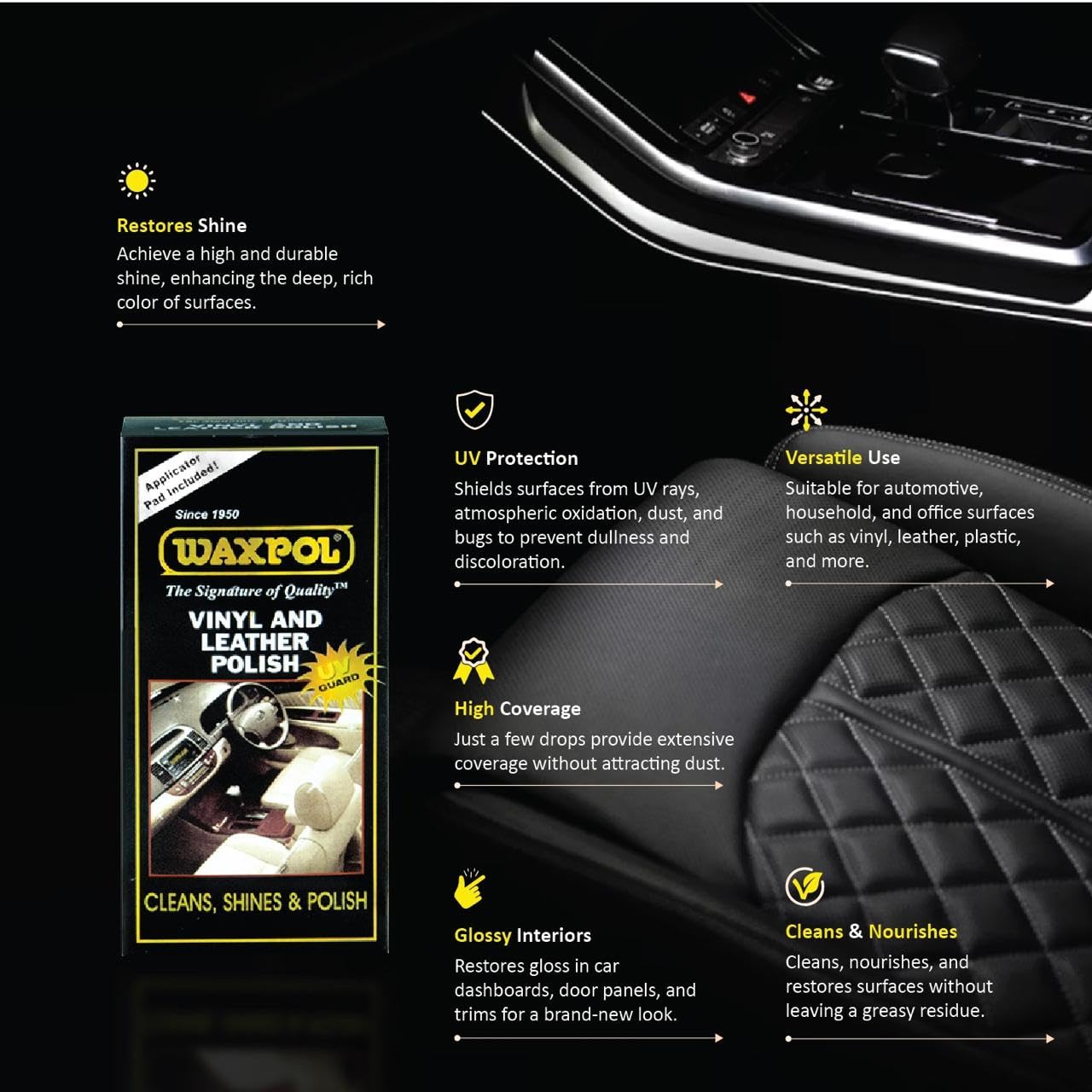 Waxpol Car interior polish | Leather High Shine Polish 125 ml for Car &amp; Bike Seats, Dashboard &amp; Leather Accessories