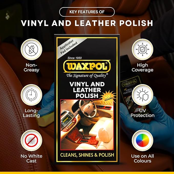 Waxpol Car interior polish | Leather High Shine Polish 125 ml for Car &amp; Bike Seats, Dashboard &amp; Leather Accessories